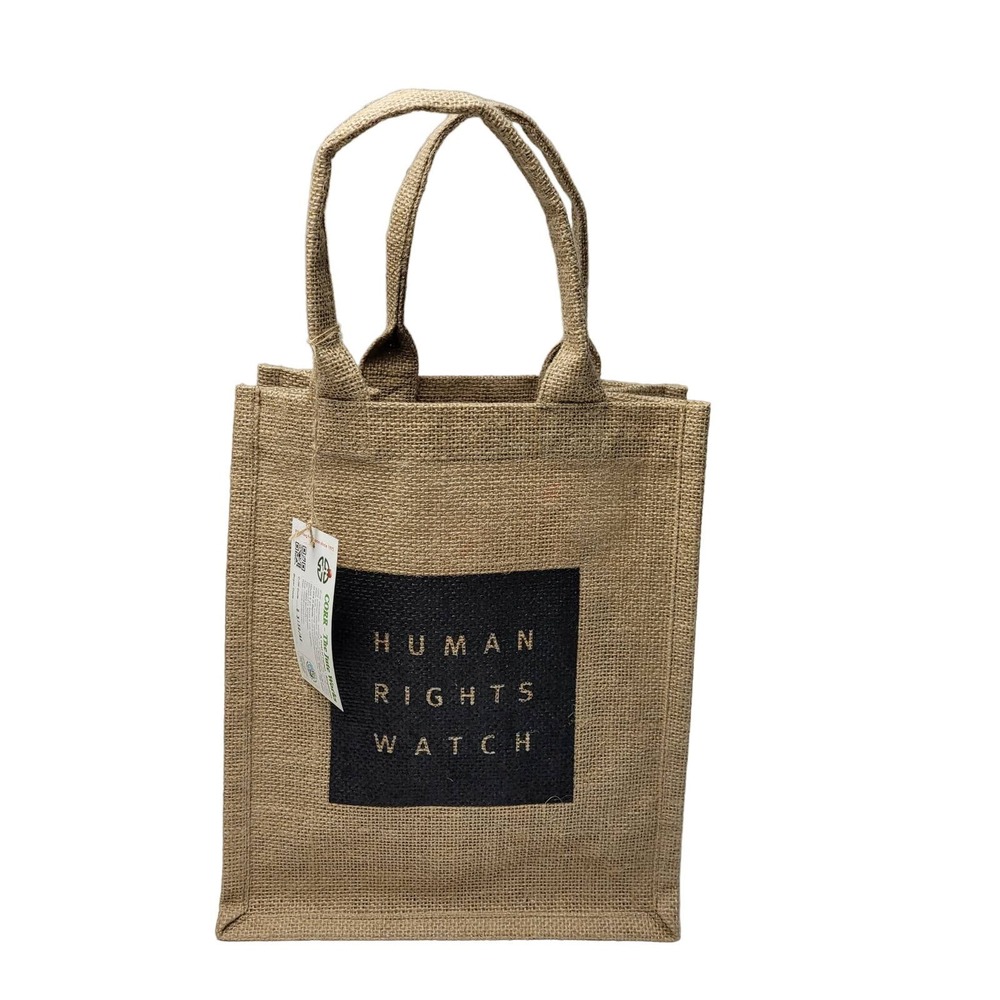 Burlap Bag Human Rights Watch Brown Black Minimalist Casual Open Hand Bag Tote - Picture 1 of 8